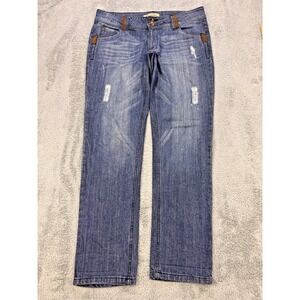 Democracy Jeans Women 10 Blue Straight Leg Distress Faux Leather Whiskered Denim